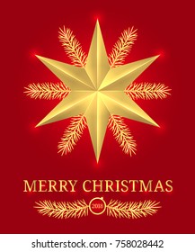 Merry Christmas 2018. Vector Holiday Banner with Merry Christmas Greeting in Golden and Red Color. Golden Shining Star, Text and Spruce Branch
