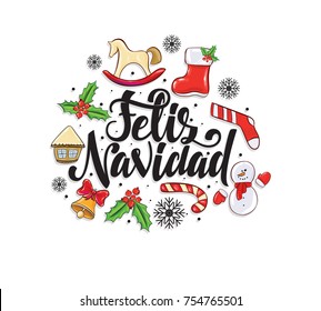 Merry Christmas 2018 vector illustration. hand-written lettering. Feliz navidad design graphics for brochures, gift cards, flyers and postcards. translated from Spanish: Merry Christmas