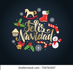 Merry Christmas 2018 vector illustration. hand-written lettering. Feliz navidad design graphics for brochures, gift cards, flyers and postcards. translated from Spanish: Merry Christmas