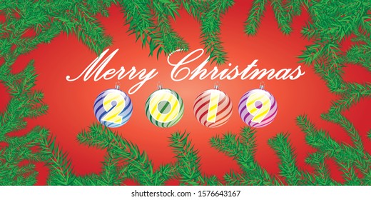 Merry Christmas 2019 background by Christmas leaf on red gradient background.