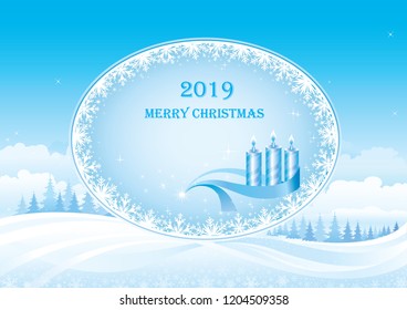Merry Christmas 2019. Banner with a snowman and gifts against the backdrop of winter nature.Vector illustration 