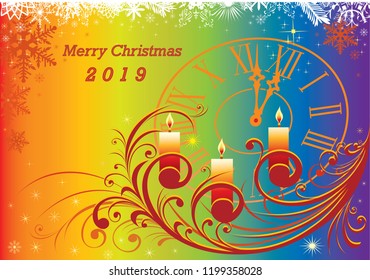 Merry Christmas 2019. Christmas card with candles and clock on a bright multicolored background