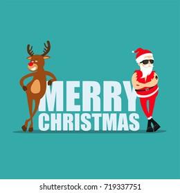 Merry Christmas 2019! Cartoon reindeer Rudolf  and Santa Claus. Greeting card 