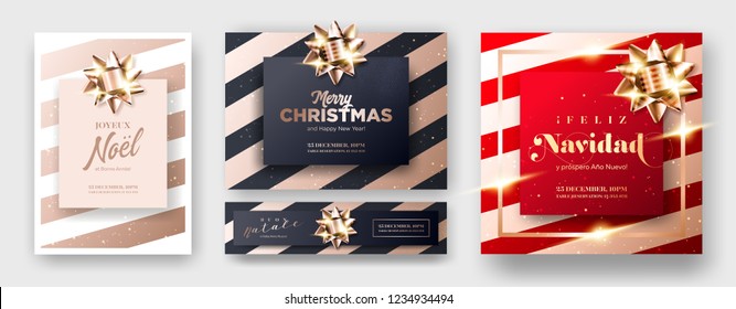 Merry Christmas 2019 Greeting Card Cover in English, French, Italian, Spanish. Set of Minimalist Xmas Poster Templates in Dark Black, Red and Rose Gold Colors. Strict, Luxury, Elegant, Modern Style.