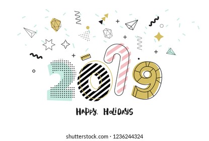 Merry Christmas 2019 Greeting Card. Golden, white, pink  colors.  Geometric trendy design greeting card in memphis, art deco outline style. Vector illustration