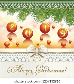 Merry Christmas 2019.
Greeting holiday card with date 2019 on golden balls, glowing background with fir branches and bow