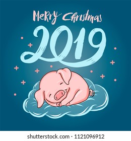 Merry christmas 2019 hand drawn lettering with sleeping baby pig cartoon illustration for poster, banner, logo, icon, promo. Piglet for christmas card, symbol of 2019