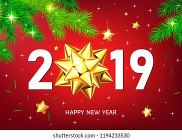 Merry Christmas and 2019 happy New Year red  background with golden gift bow and spruce branch. Winter gold  holiday glitter decoration. Vector greeting card template.