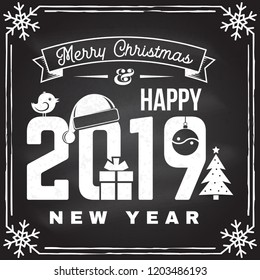 Merry Christmas and 2019 Happy New Year stamp, sticker set with snowflakes, hanging christmas ball, santa hat, candy. Vector. Vintage typography design for xmas, new year emblem in retro style.