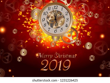 Merry Christmas 2019 illustration  Vector and gold clock  glitter  elegant luxury gold  midnight with cog. 
