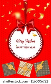 Merry Christmas 2019 New year greeting card. Red gift bow vector holiday background. Sparkle golden confetti colored lights.