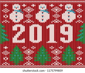 Merry Christmas and 2019 New Year knitted texture, vector illustration