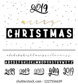 Merry Christmas 2019. New Year's slogan, or interior poster, can be used as the design of gift cards. Hand drawn typeface set. Vector logo font. Typography alphabet for your designs: badge, typeface