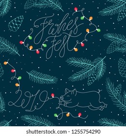 Merry Christmas 2019 on German. Frohes Fest Lettering. Vector Pattern with Happy Pig, XMas lights, fir branches, pine cones and snowflakes