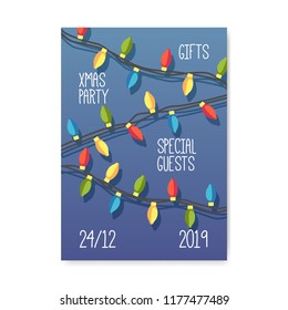 Merry Christmas 2019 Party Poster, Invitation, Flyer Template. Xmas Vintage Banner Greeting Card with Garland. Vector illustration