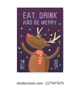 Merry Christmas 2019 Party Poster, Invitation, Flyer Template. Xmas Vintage Banner Greeting Card with Reindeer. Vector illustration