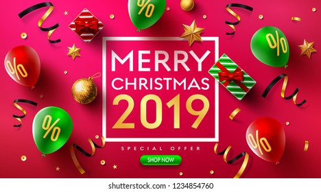 Merry Christmas 2019 Promotion Poster or banner with balloons,gift box,golden ribbon and confetti.Promotion or shopping template for Christmas and new year. 2019.Vector EPS10