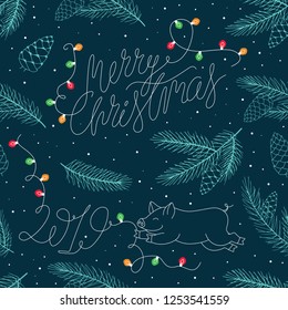 Merry Christmas 2019 Vector Pattern with Happy Pig, XMas lights, fir branches, pine cones and snowflakes