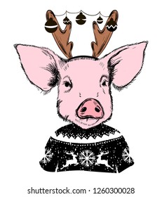 Merry Christmas 2019 Year of Pig greeting card. Funny piggy in deer mask with antlers dressed in warm winter sweater hand drawn vector illustration. Lettering gratters with Xmas