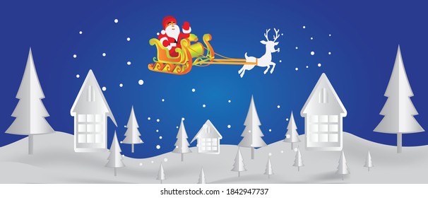 Merry Christmas 2020 beautiful lettering greeting card holiday  with santa snow man flying and deer landscape with tree and mountain, house and snowfall background vector 2020