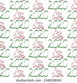 Merry christmas 2020 caligrapthy seamless pattern, green and red colours
