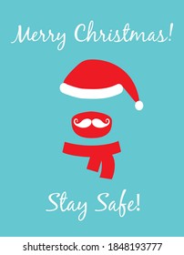 Merry Christmas 2020 card. Santa Claus hat with face mask. Covid-19 pandemic quarantine. Stay home stay safe warning. Coronavirus danger vector illustration