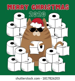 Feliz Navidad 2020 - Un gato genial con el sombrero de Santa Claus con papel higiénico, sobre el fondo verde. Graciosa tarjeta de saludo para Navidad en el período autoaislado de la pandemia covid-19. 