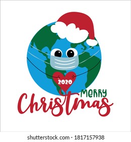 Merry Christmas 2020 - Cute Earth Planet In Mask. Funny Greeting Card For Christmas And New Year In Covid-19 Pandemic Self Isolated Period. 