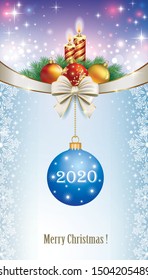 
Merry Christmas 2020. Christmas design with burning candles and date 2020 year on ball hanging on ribbon with  bow. Festive glowing background with stars and snowflakes. Vector illustration