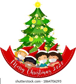 Merry Christmas 2020 font banner with children wearing mask on white background illustration