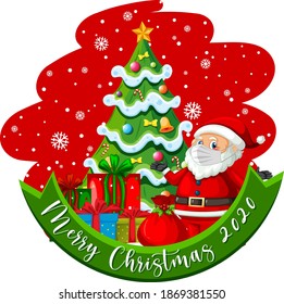 Merry Christmas 2020 Font Banner With Santa Claus Wear Mask Cartoon Character Illustration