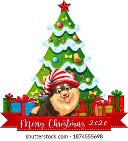 Merry Christmas 2020 font banner with cute chihuahua dog on white background  illustration