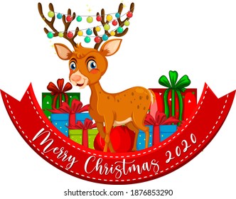 Feliz Natal 2020 banner fonte com rena sobre fundo branco ilustração