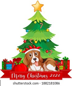 Merry Christmas 2020 font banner with cute beagle dog on white background illustration