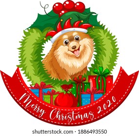 Merry Christmas 2020 font banner with Chihuahua dog on white background  illustration