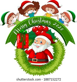 Merry Christmas 2020 font banner with children wearing mask on white background illustration