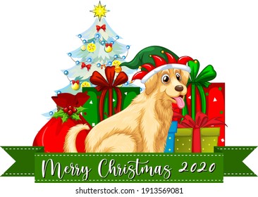 Merry Christmas 2020 font banner with Cute dog on white background illustration