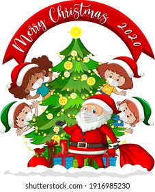 Merry Christmas 2020 Font Banner With Children Wearing Mask On White Background Illustration