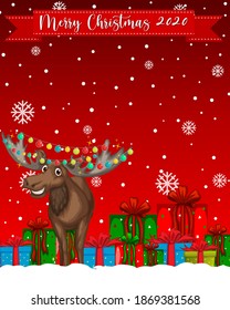 Merry Christmas 2020 font logo with reindeer cartoon character illustration