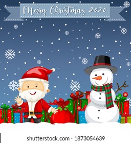 Merry Christmas 2020 font logo with santa claus cartoon character illustration