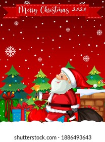 Merry Christmas 2020 font logo with santa claus cartoon character illustration