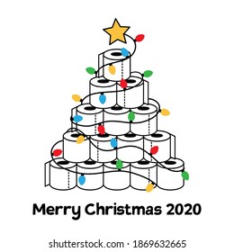 Merry Christmas 2020. Funny Greeting Card With Toilet Paper Christmas Tree. Quarantine Holidays, Vector Illustration