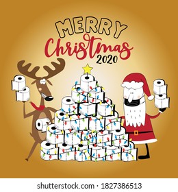 Merry  Christmas 2020 -Funny reindeer and Santa Claus in facemask and toilet paper christmas tree. For greeting card, poster textile print, for Christmas in covid-19 pandemic self isolated period.