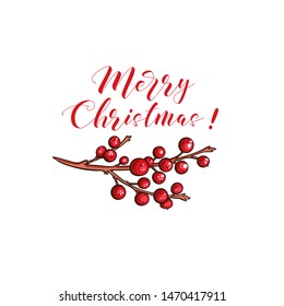 Merry Christmas 2020 greeting card color template. Holly red berries isolated on white background. Holiday ink brush calligraphy. Xmas, New Year party vector poster, handwritten lettering benner