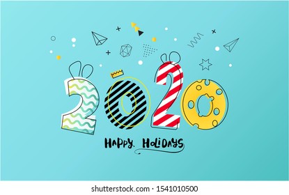 Merry Christmas 2020 Greeting Card.  Geometric trendy design greeting card in memphis, outline style. Vector illustration