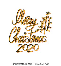 Merry Christmas 2020 hand drawn lettering in vector. Bright illustrations for winter holidays. Design element for souvenirs, flyers, postcards.