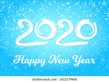 Merry christmas and 2020 happy new year postcard with falling snow on blue sky, frozen numbers 2020, snowdrifts, flat style design vector illustration on gradient background. Year of the metal rat.