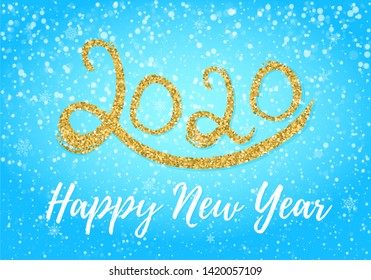 Merry christmas and 2020 happy new year postcard with falling snow on blue sky, frozen numbers 2020, snowdrifts, flat style design vector illustration on gradient background. Year of the metal rat.