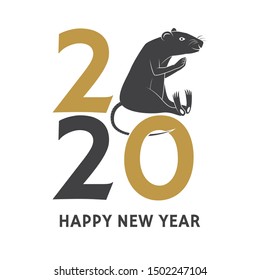 Merry Christmas and 2020 Happy New Year stamp, sticker with sign of new year - rat. Vector illustration. Vintage typography design for xmas, new year emblem in retro style.