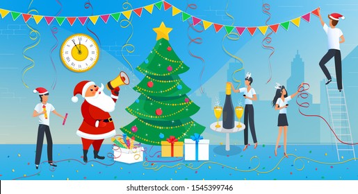 Merry Christmas and 2020 Happy New Year eve greeting card, santa claus and group of business people are engaged in decoration of christmas tree in office with clock. Champagne on the table, garlands.